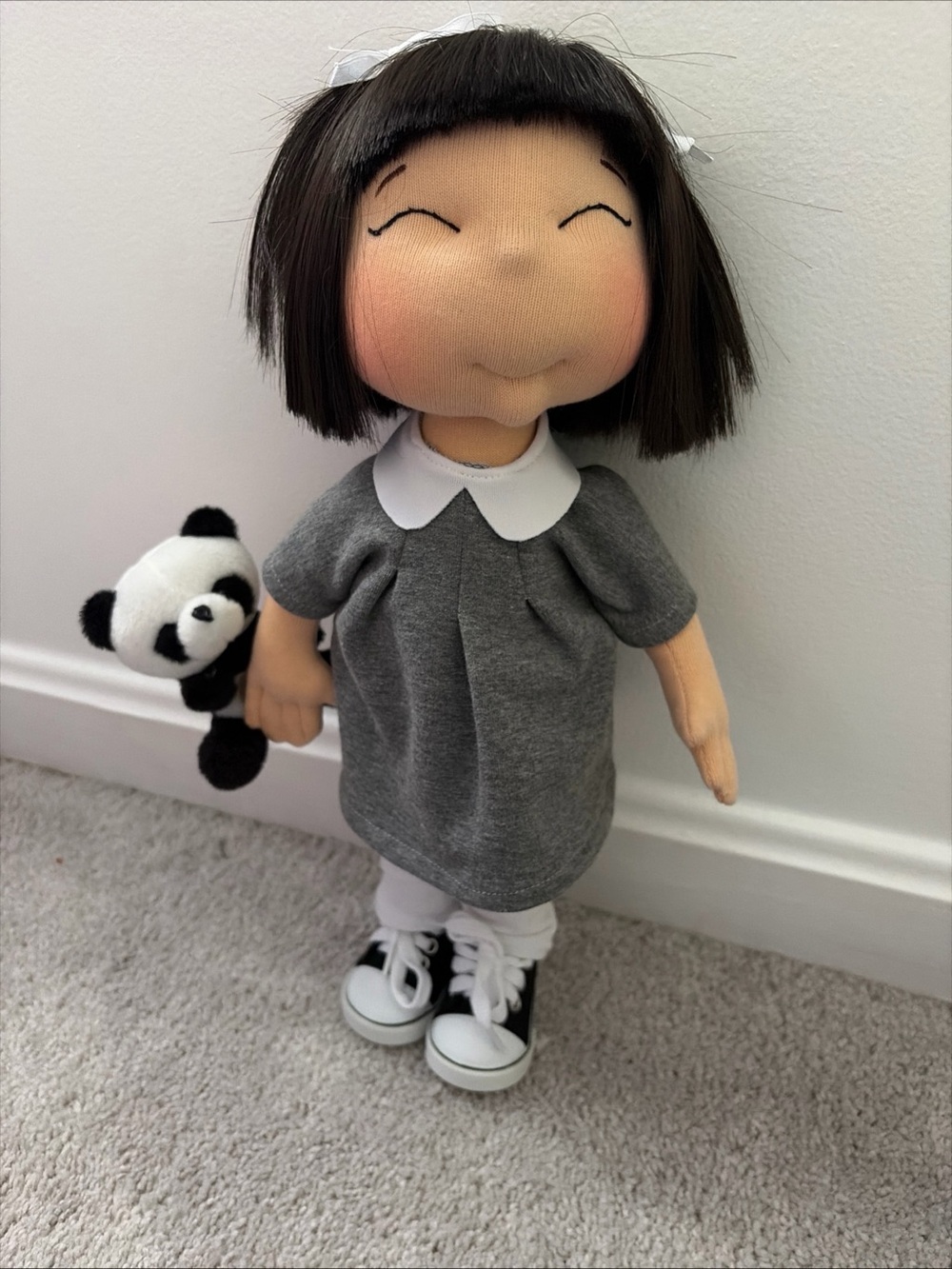 Lullu Doll Handmade Yuki Artist Doll Holding Bear black  Hair Dressed 15"